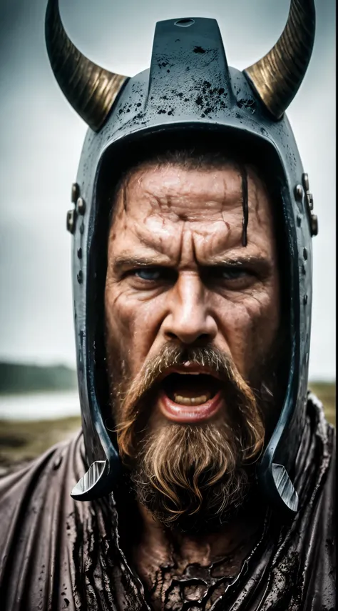 Close-up of the Viking King emerging from the wet black mud, Dark metal helmet with two large black horns on the sides of the helmet, dark warpaint, shaggy black beard, angry expression, scar on the face, Viking Axe, cinematic lighting, volumetric rays, gr...