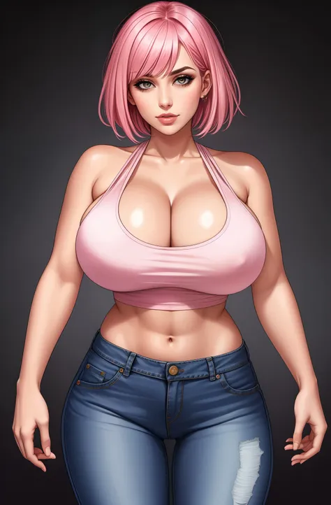 pink hair, bobcut, cleavage, tank top, jeans, full body shot, blank background, black background, 