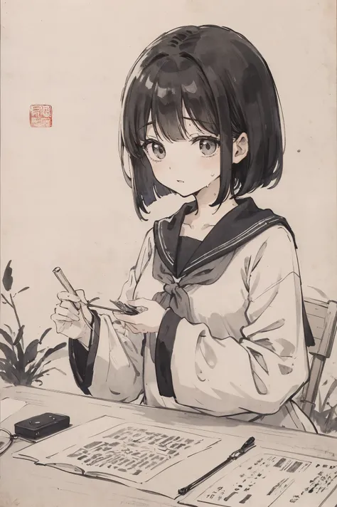 （tmasterpiece，best qualtiy：1.2），Traditional Chinese Ink Painting，girl with、bob cuts、Its wet、Im embarrassed、a sailor suit、Plunge down on the desk、detail, ultra detail, more detail