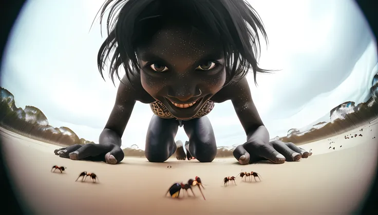 there&#39;s a black girl crawling in the sand, bare feet, pairando sobre ant pov, perspectiva da formiga, ant pov, pov de uma fo...