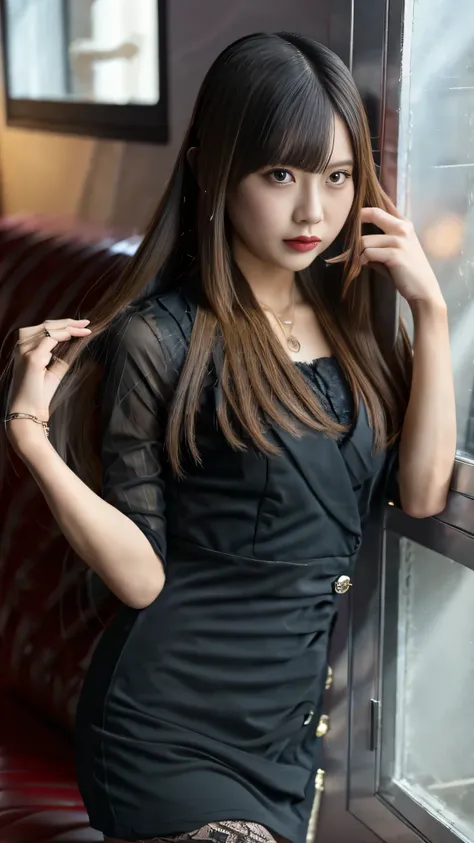 super detailed、japanese、charming beauty、seductive adult woman、beautiful woman、sharp eyes、cool girl、wavy hair、suit、black chiffon、...