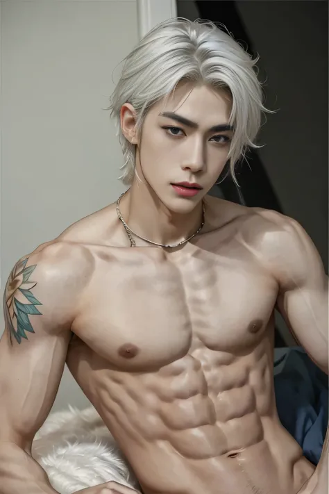 masterpiece, best quality, handsome Asian 25 year old, fair skin male, white hair, perfect face, chest abs, slender, masculine, full body tattoos, 