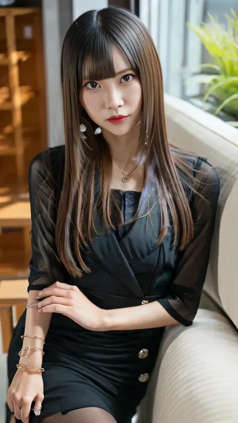 super detailed、japanese、charming beauty、seductive adult woman、beautiful woman、sharp eyes、cool girl、wavy hair、suit、black chiffon、...