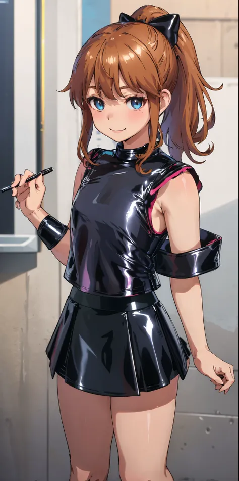 best quality, (masterpiece:1.2), highly detailed, standing, street,
1girl, solo, akatsuki minami,
looking at the viewer, closed mouth, smile, slight blush,
blue eyes, brown hair, ponytail, hair bow, sleeveless, (((dominant girl, latex skirt,  latex shirt )...