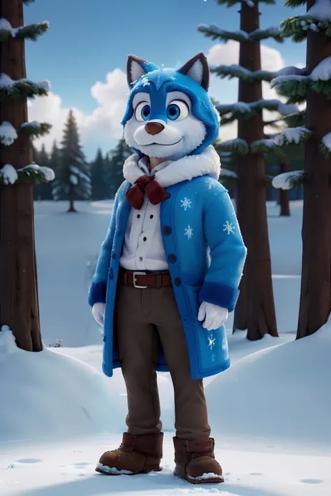 A man, dressed in a thick fursuit, is standing still in the middle of a winter forest. His breath forms small clouds in the chill air as he gazes at the frozen landscape around him. His blue eyes are wide with wonder and a hint of fear. Why are you frozen,...