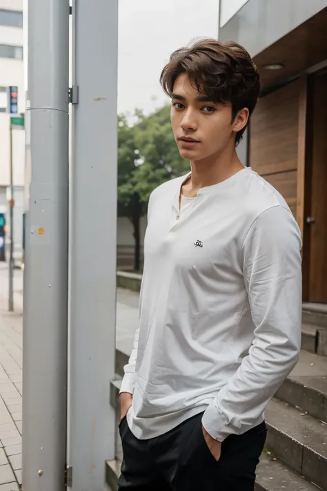 full body, mix of German teenager man and rowoon korean actor curly short hair