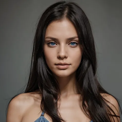 North american model woman, 26 years old, black brunette, straight hair, silvery blue eyes frontal portrait