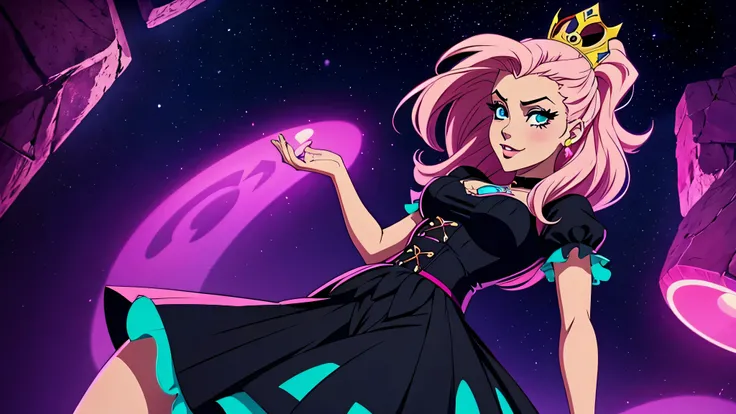 garota de anime, princesa, Disney, roupa preta, rock and roll, fundo neon