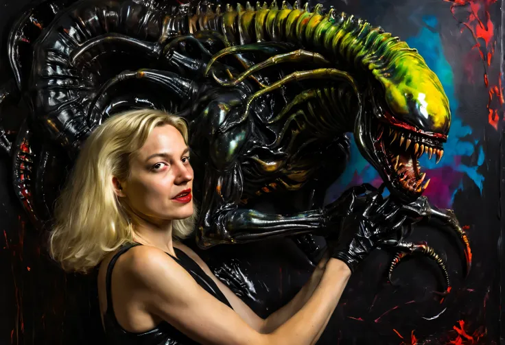 painting of blonde woman holding a (black xenomorph|goat hybrid), black tendrils  loving happy-mother angry alien fangs claws te...