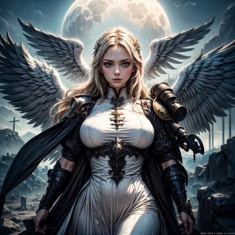 16K, ultra detailed, masterpiece, best quality, (extremely detailed), arafed, dnd art, portrait, full body, aasimar, female, (Masterpiece 1.3, intense details), female, paladin, holy warrior fighting undead (Masterpiece 1.3, intense details) large angelic ...