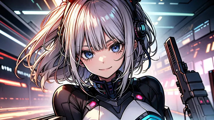 absurd resolution, high resolution, (mesa: 1.4), hiperdetalle, Silver-haired young woman dressed as a technician,Tono rojo de los ojos.、Ojos de tono morado sonrojados.、smiling expression, blue neon、Being in blue cyber space