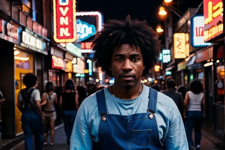 a 47-year-old black man, with his afro hair, dressed in denim overalls, walking through the neon-lit city