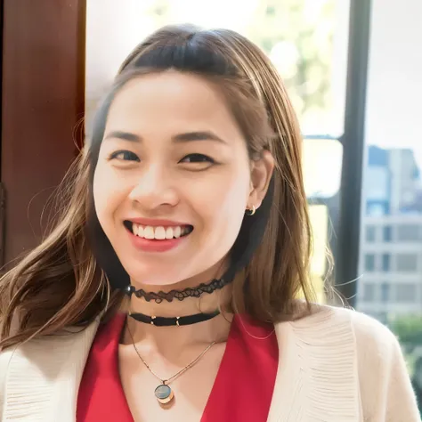 smiling woman with a necklace and choker on her neck, with round face, slightly round chin, south east asian with round face, cindy avelino, with round cheeks, full round face, round chin, with accurate face, round teeth and goofy face, portrait of modern ...