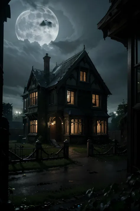 (best quality,4k,highres:1.2),ultra-detailed,(realistic:1.37),(dark, gloomy:0.9) old house with broken windows and ivy growing on the walls, moonlight shines upon it, (eerie, mysterious) atmosphere, (gothic architecture, rustic style).