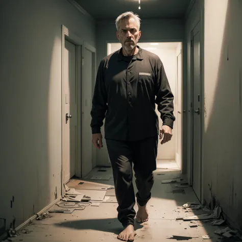 very detailed and extremely intricate 8k image in horror graphic novel style art of a 50 year old man, confused, very detailed eyes, dressed in black pajamas, walking in a hallway of a simple house with walls with worn paint, night