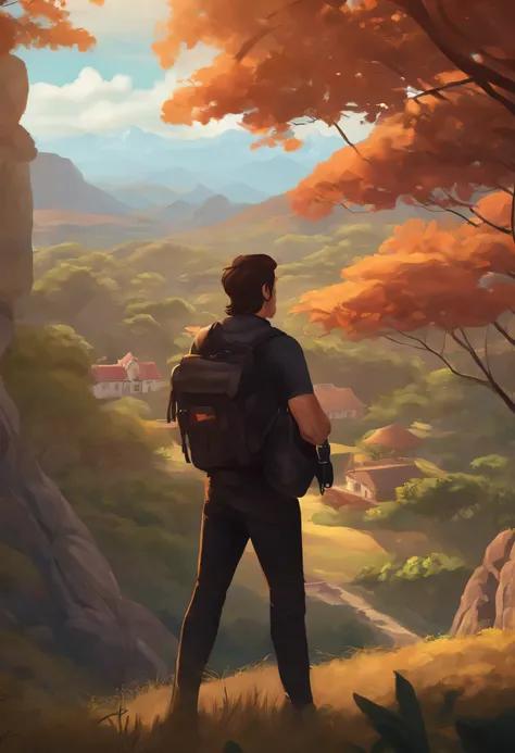 uma arte detalhada de um homem filmmaker de costas com cabelo baixo nas laterais, with a camera in his hand wearing black clothes, in a sunset setting, paisagem,  gravando o ambiente, one piece, 4k, corpo inteiro, inspirado em donkey kong, Art Style a piec...