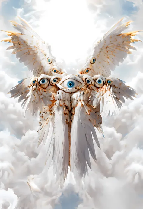 beautiful seraphim, golden heaven, blue sky, mist, feather wings, big eyes, biblically accurate angel, biblaccurang, masterpiece...