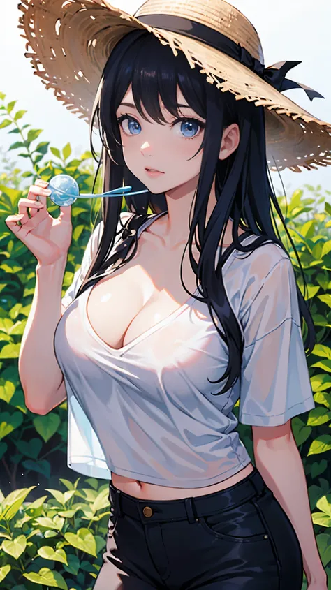 top quality，Best masterpiece，（1個Giant Breast Girl：1.5），solo，20 years old，in the garden，sunny，long black hair，wearing a straw hat，White T-shirt，black shorts，face close-up，blue eyes，B-chest