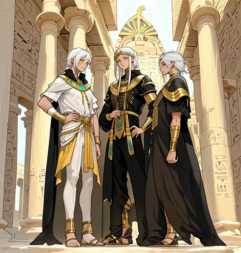 There are two young men, one 12 years old and the other 16 years old, both have white hair and yellow eyes, they are dressed in ancient Egyptian costumes, they are talking about a secret plan., en el fondo se ve  palacios y edificios del antiguo egipto una...