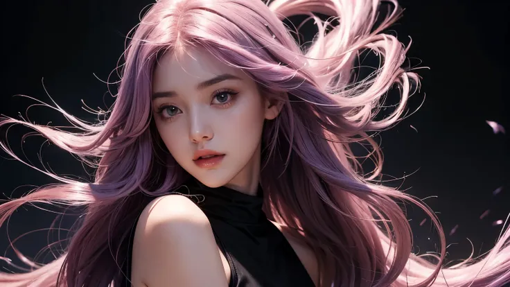 A girl with long light pink soft purple hair, perfect big booba , good quality, detailed beauty face, wearing black crop top, in the night