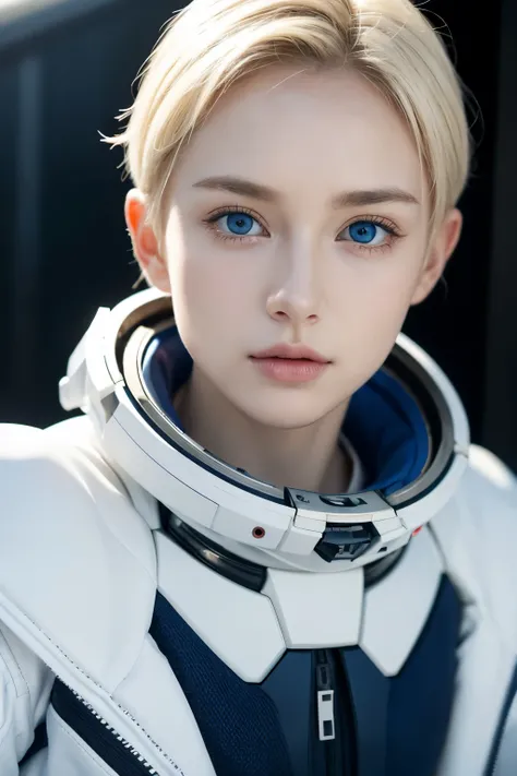 small breasts　naked　Elaborate face　realistic face　woman　white people　blue eyes　blonde　Lean　extreme short hair　boyish　manly face　future　Spacesuit