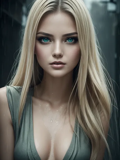 full body from a woman with long blond hair, green eyes wearing only a sexy  slip, running in the city, realistic perfect face, ...