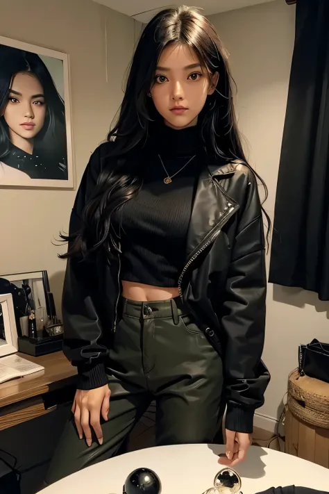 A girl with tan skin, long black hair, and black eyes, wearing a long black jacket, dark green pants, and white sweater, shes in her room where shes holding a crystal ball