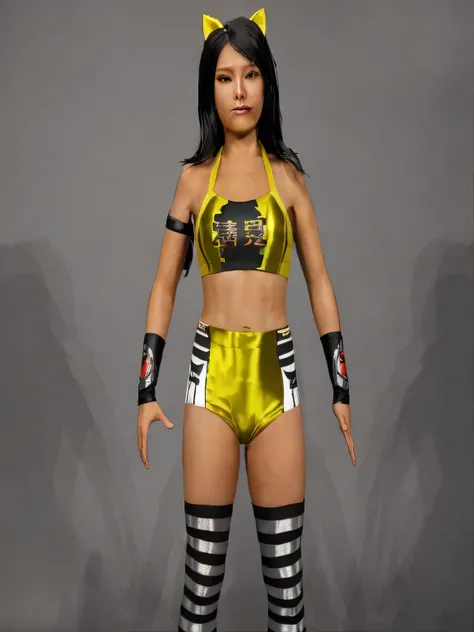 ((masterpiece, best quality)), asian woman with black hair in a yellow shiny wrestling top and black arm band bottom black wrist bands and black silver shiny socks and yellow cat ears posing for a picture, realistic fully body pose, realistic face photo re...