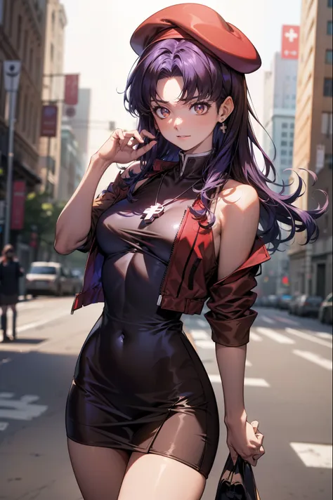 misatokatsuragi, Misato Katsuragi, long hair, (brown eyes:1.5), blue hair, purple hair,
break hat, dress, bare shoulders, jewelry, Jacket, earrings, open clothes, No sleeve, necklace, black dress, open Jacket, No sleeve dress, beret, short dress, cross, re...