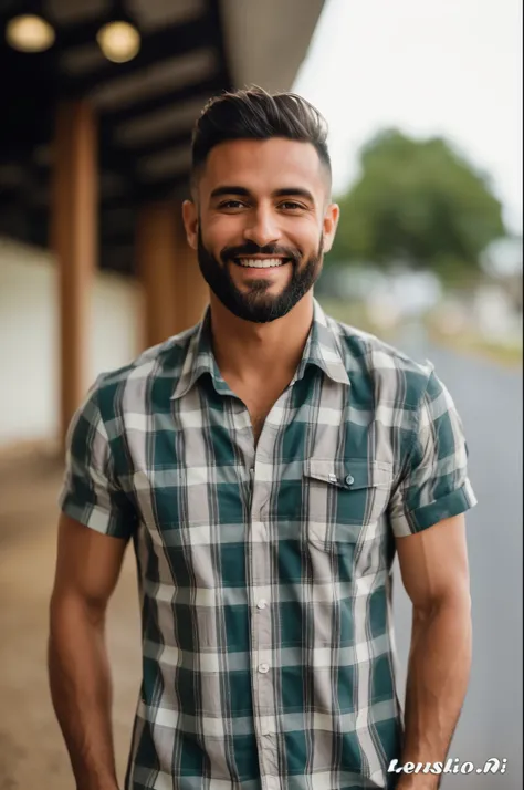 chiseled man with a beard and plaid shirt in front of a building, homem sorridente, homem magro com pele bronzeada clara, homem sorridente, vestindo uma camisa xadrez, homem de pele morena com um sorriso gigante, barba curta, vestindo camisa xadrez, very a...