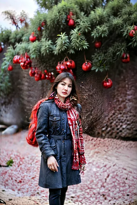 there is a woman standing in front of a tree with red apples, inspired by Taravat Jalali Farahani, beautiful iranian woman, pale-skinned persian girl, standing in an apple orchard, sayem reza, photo of a woman, with a tree in the background, faridah malik,...