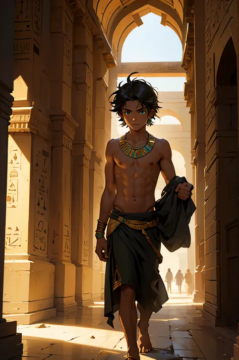 There are halls and corridors of a luxurious Arab palace from ancient times and in the halls there is a 5-year-old homeless boy, abandoned, poor, hungry, he has very green eyes, he is shirtless in an ancient Egyptian skirt., 