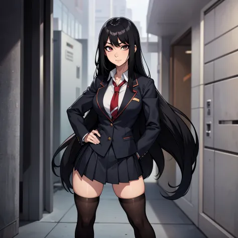 1girl, Asian Teen, Anime school uniform, black Plated skirt, Blazer, black stockings, straight Long black hair, confident facial expression, Hand on hip,