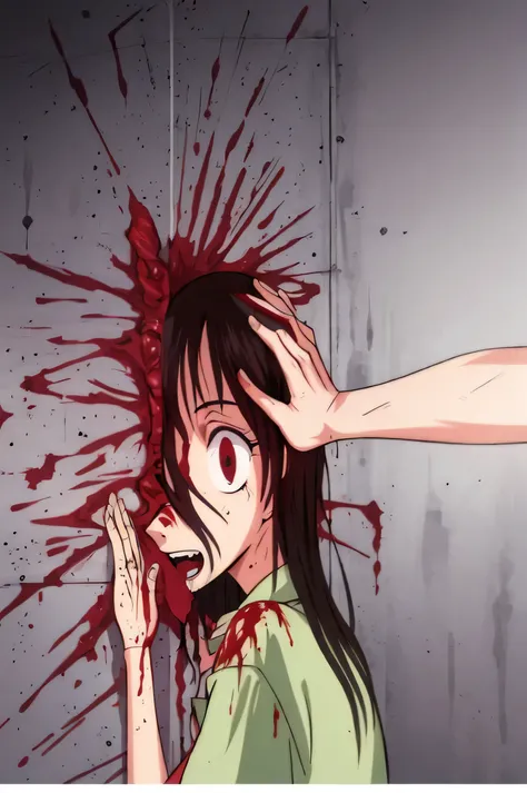 anime image of a woman wThish blood on her face and hands, blood dripping down the head, This стиль Junji, Shintaro Kago, blood flows from the eyes, This'it's subtle, Junji, gapmoe yandere, yandere, inspired by Junji Ito, Scary picture, это арт Jun...