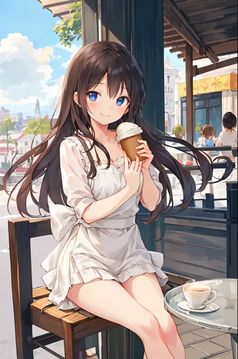 A cute girl sitting on the cafe terrace early in the morning and elegantly drinking coffee、I want to protect, this smile、