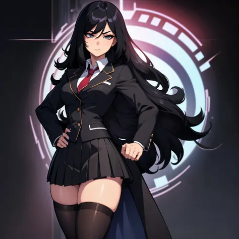 1girl, Asian Teen, Anime school uniform, black Plated skirt, Blazer, black stockings, straight Long black hair, arrogant facial expression, Hand on hip,