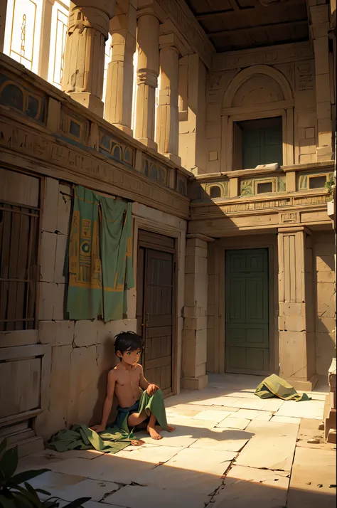 There is a 4-year-old homeless boy, small, abandoned, poor, hungry, he has very green eyes, he is shirtless, in an ancient Egyptian skirt., el se ha metido aun palacio egipcio y esta vagando por los pasillos y salones de ese palacio