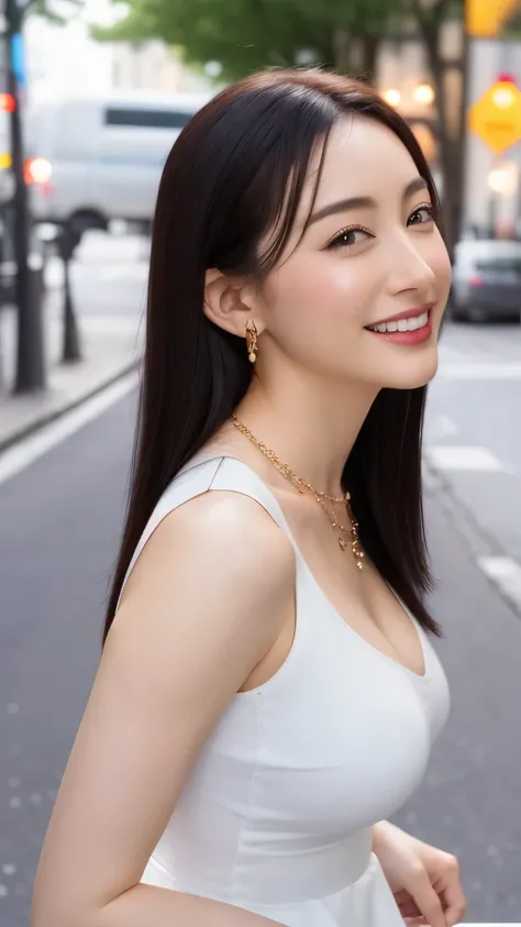 In 8K、超A high resolution、highest quality、table top 、(pretty big breasts、cleavage)(white dress:1.2)、in the street、black hair long straight、smile、big black eyes、lip gloss、necklace、white mule、(Please show me your armpits、Diagram drawn from the side:1.2)