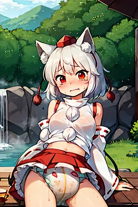 inubashiri_momiji_touhou,animal_ears, wolf_ears, short_hair, red_eyes, white_hair, hat, tokin_hat, wolf_tail, tail, blush, breasts,diaper,blush,public,crying,sweat,steam