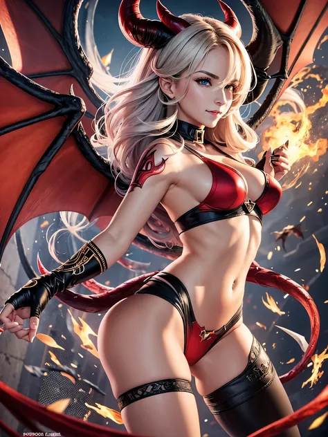 ((highest quality)),(ultra high resolution),(Super detailed),(detailed description),((best CG)),(best work of art),super precision art,amazing drawing art,(Art with precise details:1.5), (Female Devil:1.8),large twisted corner:1.5,large bat wings:1.4,Angel...