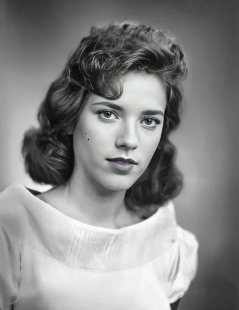 Black and white photograph of a woman with freckled hair.., in his 20s, Classic portrait, color retrato de estudio, foto de mujer joven, retrato medio, vieja foto en blanco y negro, retrato de estudio, dolores abernathy, foto antigua en blanco y negro, Fot...