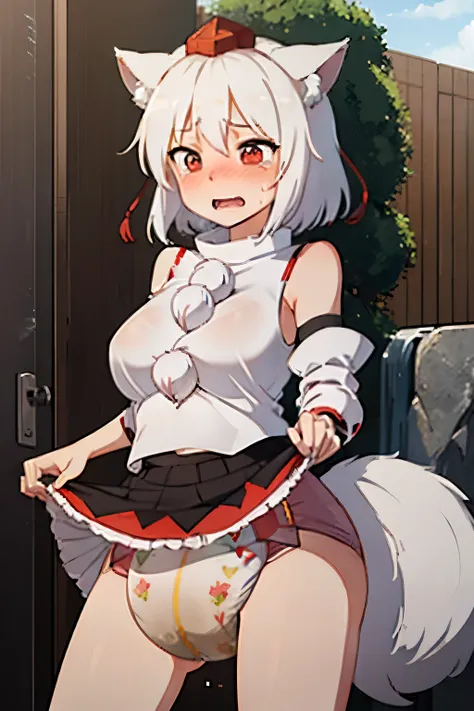 inubashiri_momiji_touhou,animal_ears, wolf_ears, short_hair, red_eyes, white_hair, hat, tokin_hat, wolf_tail, tail, blush, breasts,diaper,blush,public,crying,sweat,steam