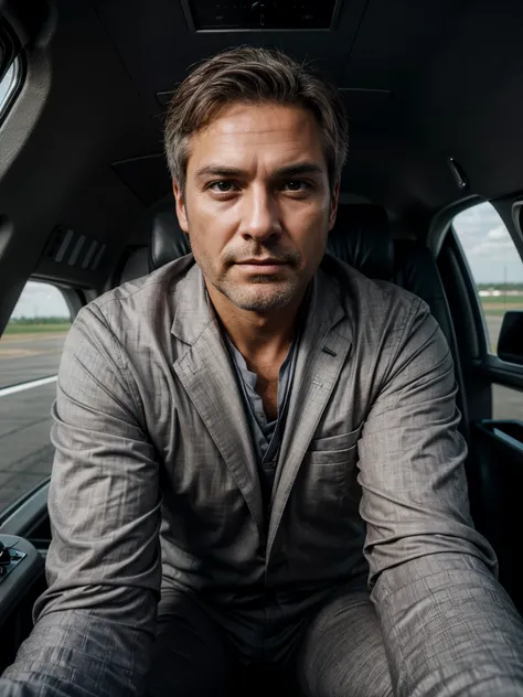 photo referenced, highest quality, high quality, (detailed face and eyes), dusk lighting, successful man over 40, little grey hair, sitting in private cessna plane, sitting like alpha, wearing suit