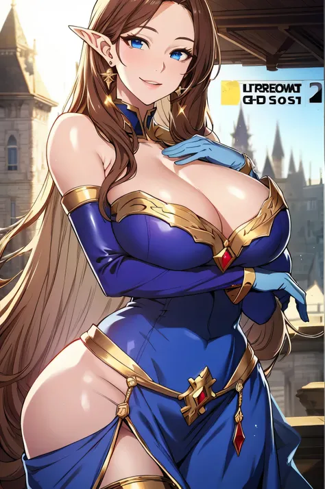 Lian, light brown hair, long elf ears, hair stick, bangs, blue eyes, solo, smiling, standing, upper body, hips, bare shoulders,purple thighhighs, light blue dress, gold jewelry,armor,gloves,circlet, cleavage, red and gold royal castle, gigantic breasts, (b...