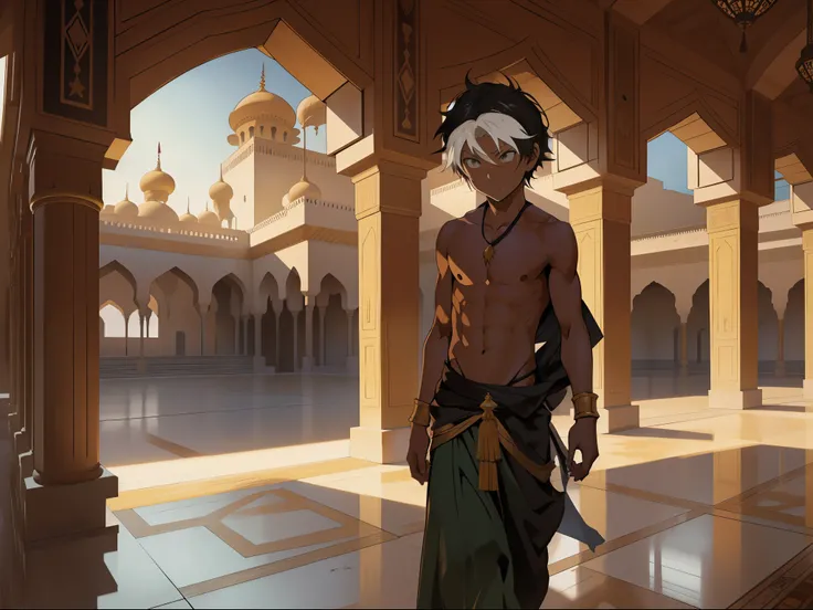 anime scene there is a 6-year-old boy without a shirt, he is a dirty gamin, hungry, he has sneaked into the palace, curious, walking around looking for something through the rooms and corridors and stairs of a luxurious Arab palace 