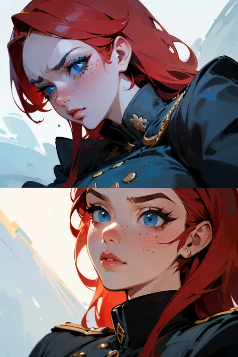 (best quality, highres, masterpiece:1.2), ((determined facial expression)), resting bitch face, ice blue eyes, side-part long bright titan red hair, freckles, healthy skin, detailed pouty lips, detailed eyes, long eyelashes, expressive face, , medium breas...