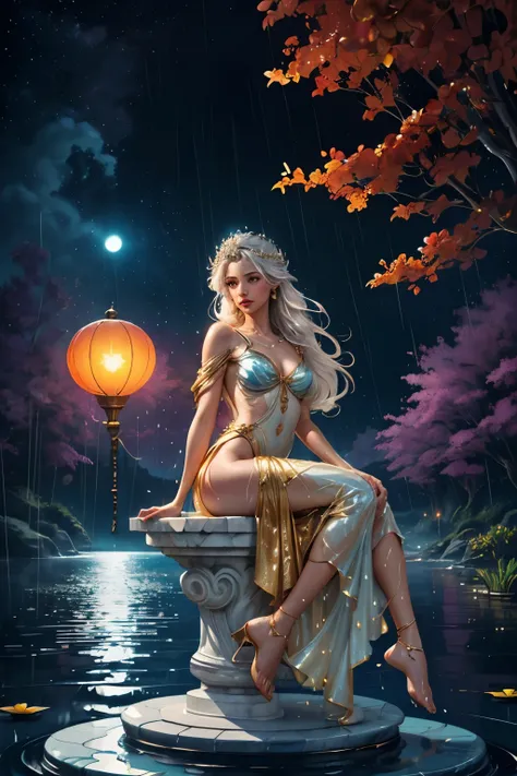 A Majestic Goddess meditating covered in golden and turquoise spice paint, with a fluid and diaphanous dress floating on the waves, with a lotus flower in her lap. Quick painting textured with small rough brush strokes and paint splatters. Epic Instagram s...