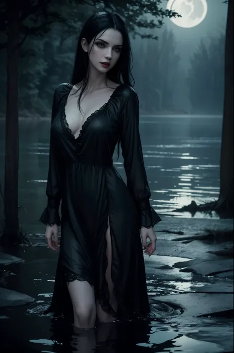 ((Night)) ((a deserted lake)) Vampire woman, (full body), black hair, pale skin, fangs bared, hungry, sexy nightgown, looking at viewer, rises out of the water, soaking wet. style of a painted book illustration, dramatic lighting, (depth of field), ((maste...