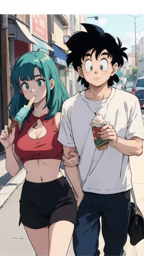 couple walking down the street holding hands , girl with aqua green hair holding ice cream, arte estilo akira toryama, corpo per...