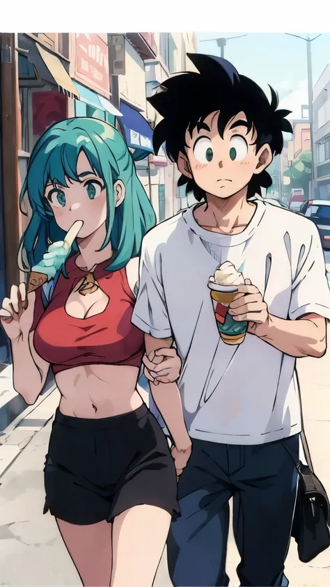 Couple walking down the street holding hands , girl with aqua green hair holding ice cream, arte estilo Akira Toryama, corpo perfeito 